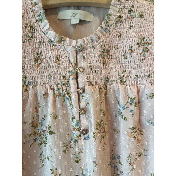 Floral Pink Smocked Sleeveless Blouse With Ruffled Details By Loft Size S - Picture 3 of 5